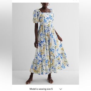 Express Floral Square Neck Puff Sleeve Tiered
Poplin Midi Dress